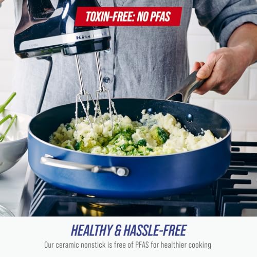 Blue Diamond 5QT Saute Pan with Lid, Non Toxic PFAS-Free Diamond Ceramic Nonstick, Dishwasher & Oven Safe, Metal Utensil Safe, Deep Jumbo Cooker Skillet with Helper Handle, Glass Lid, Blue - My Kitchen Products