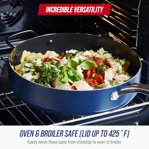 Blue Diamond 5QT Saute Pan with Lid, Non Toxic PFAS-Free Diamond Ceramic Nonstick, Dishwasher & Oven Safe, Metal Utensil Safe, Deep Jumbo Cooker Skillet with Helper Handle, Glass Lid, Blue - My Kitchen Products