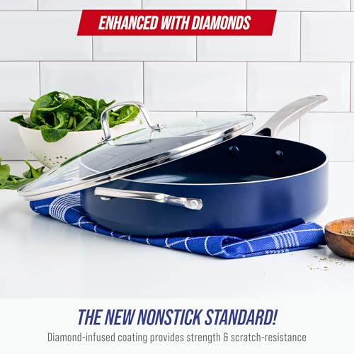 Blue Diamond 5QT Saute Pan with Lid, Non Toxic PFAS-Free Diamond Ceramic Nonstick, Dishwasher & Oven Safe, Metal Utensil Safe, Deep Jumbo Cooker Skillet with Helper Handle, Glass Lid, Blue - My Kitchen Products
