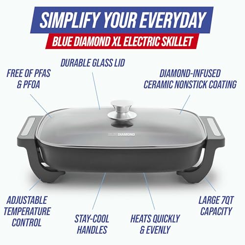 Blue Diamond 7QT 5-in-1 Extra Large Electric Skillet, Healthy Ceramic Nonstick Interior, Non-Toxic PFAS-Free, Temperature Control, Stay Cool Handles, Easy Clean, Graphite - My Kitchen Products