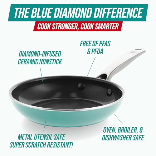 Blue Diamond 8" Nonstick Frying Pan Skillet, Diamond Infused Ceramic PFAS-Free, Dishwasher & Oven Safe, Stay Cool Handle, Durable Non Toxic Metal Utensil Safe, Egg & Omelet Pan, Turquoise - My Kitchen Products