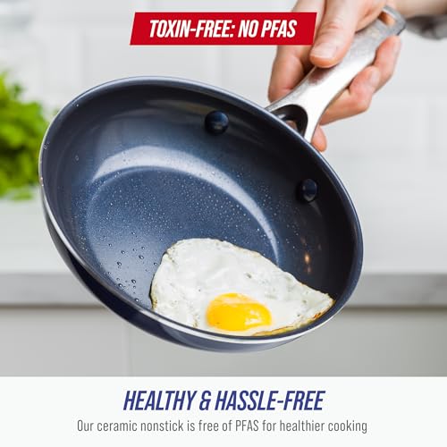 Blue Diamond 8" Nonstick Frying Pan Skillet, Diamond Infused PFAS-Free Ceramic, Dishwasher & Oven Safe, Stainless Steel Handle, Durable Non Toxic Metal Utensil Safe, Egg & Omelet Pan, Blue - My Kitchen Products