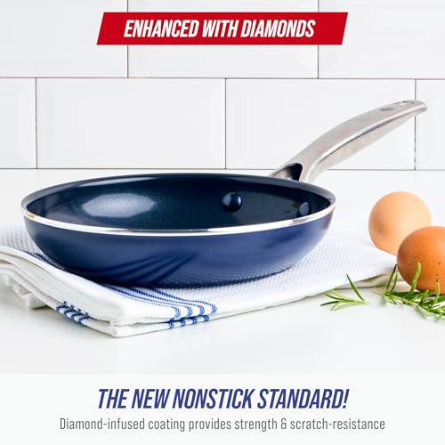 Blue Diamond 8" Nonstick Frying Pan Skillet, Diamond Infused PFAS-Free Ceramic, Dishwasher & Oven Safe, Stainless Steel Handle, Durable Non Toxic Metal Utensil Safe, Egg & Omelet Pan, Blue - My Kitchen Products