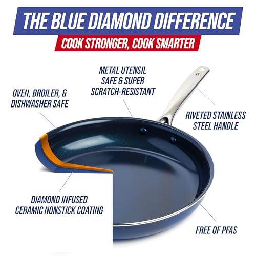 Blue Diamond Ceramic Nonstick 14" Frying Pan Skillet, PFAS-Free Cookware, Jumbo Cooker with Helper Handle, For Large & Family Sized Meals, Dishwasher & Oven Safe, Blue - My Kitchen Products