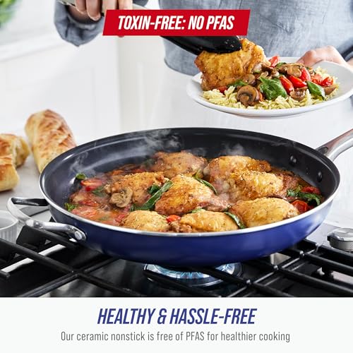 Blue Diamond Ceramic Nonstick 14" Frying Pan Skillet, PFAS-Free Cookware, Jumbo Cooker with Helper Handle, For Large & Family Sized Meals, Dishwasher & Oven Safe, Blue - My Kitchen Products