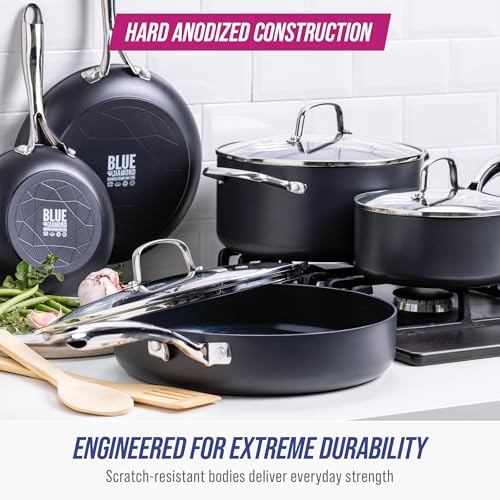 Blue Diamond Cookware Hard Anodized Ceramic Nonstick, 10 Piece Cookware Pots and Pans Set, Non-Toxic PFAS-Free, Dishwasher and Oven Safe, Durable, Even Heating, Metal Utensil Safe, Gray - My Kitchen Products