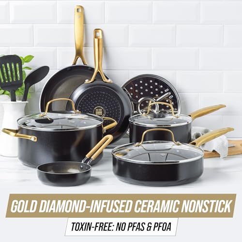 Blue Diamond Gold 12 Piece Cookware Set, PFAS-Free Ceramic Nonstick Pots & Pans, Induction Ready for All Cooktops, Kitchen Serving Utensils, Dishwasher Safe, Black - My Kitchen Products