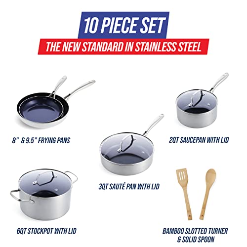 Blue Diamond HD Stainless Steel Clad Pro 10 Piece Cookware Pots and Pans Set, Diamond Infused Ceramic Nonstick, PFAS-Free, Dishwasher Safe, Oven and Broiler Safe, Silver - My Kitchen Products
