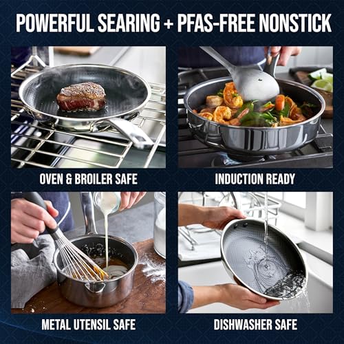 Blue Diamond Hybrid Nonstick Stainless Steel 12 Piece Cookware Set, Tri-Ply PFAS-Free Ceramic Diamond Bond Pots & Pans, Dishwasher & Oven Safe to 850F, Induction Ready, Metal Utensil Safe, Silver - My Kitchen Products