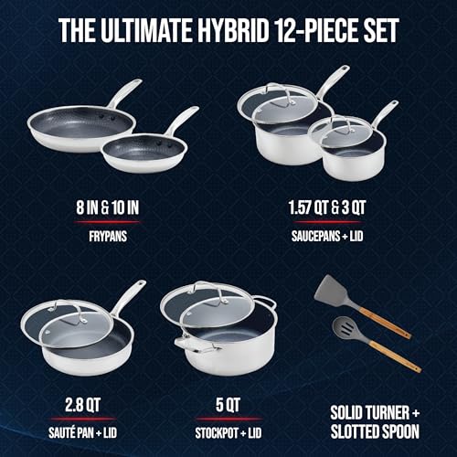 Blue Diamond Hybrid Nonstick Stainless Steel 12 Piece Cookware Set, Tri-Ply PFAS-Free Ceramic Diamond Bond Pots & Pans, Dishwasher & Oven Safe to 850F, Induction Ready, Metal Utensil Safe, Silver - My Kitchen Products