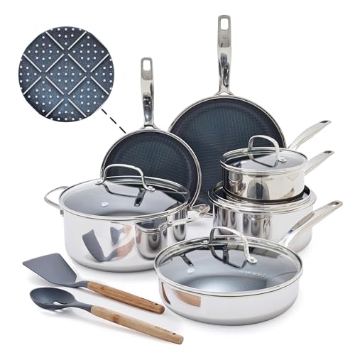 Blue Diamond Hybrid Nonstick Stainless Steel 12 Piece Cookware Set, Tri-Ply PFAS-Free Ceramic Diamond Bond Pots & Pans, Dishwasher & Oven Safe to 850F, Induction Ready, Metal Utensil Safe, Silver - My Kitchen Products