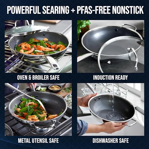 Blue Diamond Hybrid Nonstick Stainless Steel 12” Wok with Lid, PFAS-Free Ceramic Diamond Bond Stir-Fry Pan, Induction Ready, Dishwasher & Oven Safe, Metal Utensil Safe, Stay-Cool Handle, Silver - My Kitchen Products