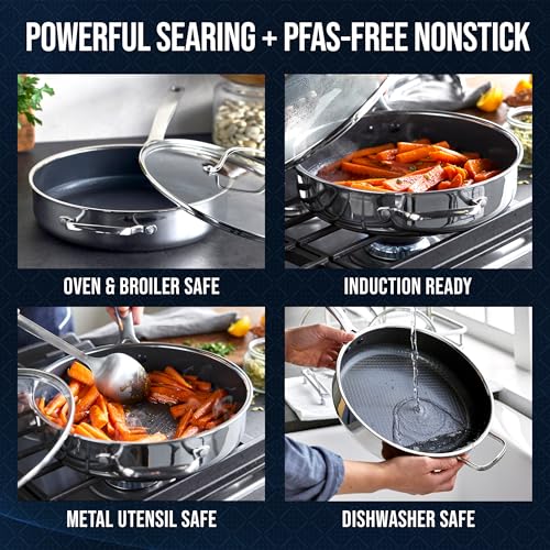 Blue Diamond Hybrid Nonstick Stainless Steel 4QT Saute Pan with Glass Lid, PFAS-Free Ceramic Diamond Bond, Deep Jumbo Skillet, Induction Ready, Dishwasher & Metal Utensil Safe, Stay-Cool Handle - My Kitchen Products