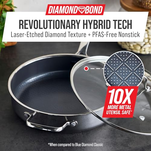 Blue Diamond Hybrid Nonstick Stainless Steel 4QT Saute Pan with Glass Lid, PFAS-Free Ceramic Diamond Bond, Deep Jumbo Skillet, Induction Ready, Dishwasher & Metal Utensil Safe, Stay-Cool Handle - My Kitchen Products