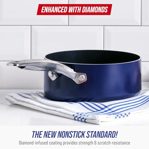 Blue Diamond Nonstick 2QT Saucepan with Lid, Non Toxic PFAS-Free Diamond Ceramic, Dishwasher & Oven Safe, Metal Utensil Safe Pot, Stay Cool Handle, Chef Pan, Glass Lid, Blue - My Kitchen Products