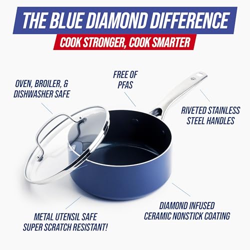 Blue Diamond Nonstick 2QT Saucepan with Lid, Non Toxic PFAS-Free Diamond Ceramic, Dishwasher & Oven Safe, Metal Utensil Safe Pot, Stay Cool Handle, Chef Pan, Glass Lid, Blue - My Kitchen Products