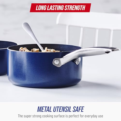 Blue Diamond Nonstick 2QT Saucepan with Lid, Non Toxic PFAS-Free Diamond Ceramic, Dishwasher & Oven Safe, Metal Utensil Safe Pot, Stay Cool Handle, Chef Pan, Glass Lid, Blue - My Kitchen Products