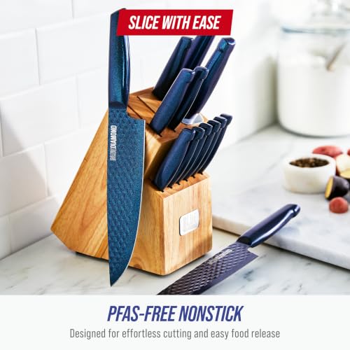 Blue Diamond Sharp Stone 14 Piece Knife Block Set, PFAS-Free Nonstick Diamond Textured Stainless Steel Blades, Rust Resistant Kitchen Cutlery, Chef & Steak Knives, Dishwasher Safe, Navy - My Kitchen Products