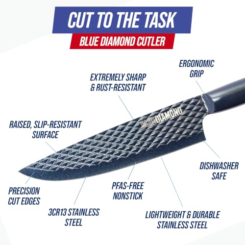 Blue Diamond Sharp Stone 14 Piece Knife Block Set, PFAS-Free Nonstick Diamond Textured Stainless Steel Blades, Rust Resistant Kitchen Cutlery, Chef & Steak Knives, Dishwasher Safe, Navy - My Kitchen Products