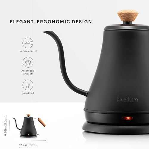 Bodum 27oz Bistro Gooseneck Electric Water Kettle, Pour Over Coffee & Tea, Stainless Steel, Matte Black - My Kitchen Products