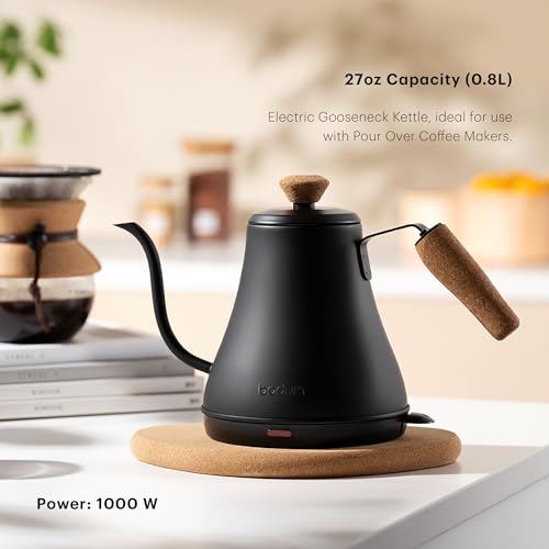 Bodum 27oz Bistro Gooseneck Electric Water Kettle, Pour Over Coffee & Tea, Stainless Steel, Matte Black - My Kitchen Products