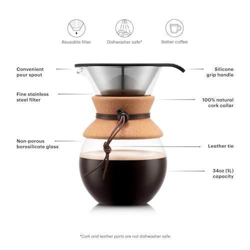 Bodum 34oz Pour Over Coffee Maker, High-Heat Borosilicate Glass with Reusable Stainless Steel Filter and Cork Grip - Made in Portugal - My Kitchen Products