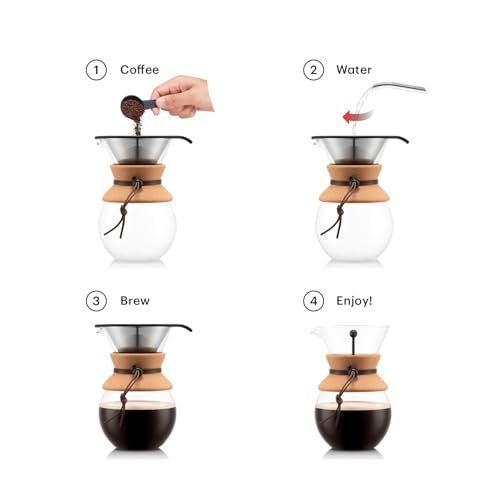 Bodum 34oz Pour Over Coffee Maker, High-Heat Borosilicate Glass with Reusable Stainless Steel Filter and Cork Grip - Made in Portugal - My Kitchen Products