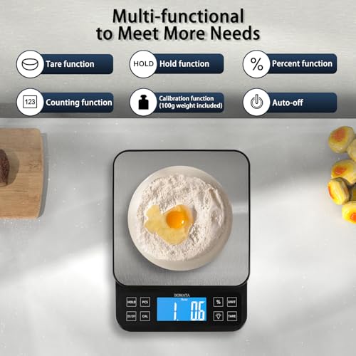 BOMATA Large Kitchen Scale with 0.1g/0.001oz High Precision, 5kg/11lb Bakery Scale with% Percentage Function, USB Rechargeable, Full-View Angle LCD with Backlight, Stainless Steel Pan - My Kitchen Products