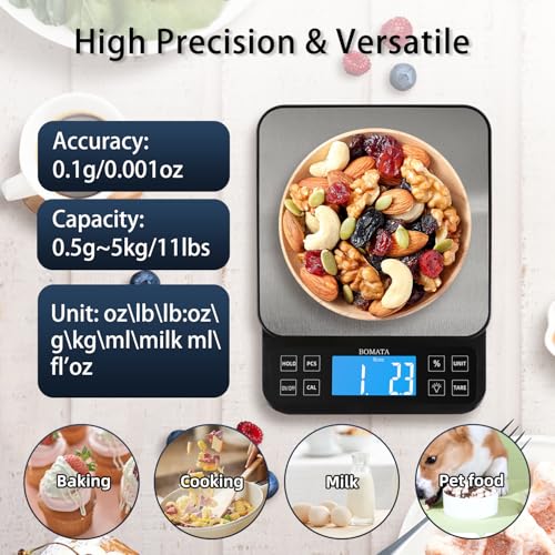 BOMATA Large Kitchen Scale with 0.1g/0.001oz High Precision, 5kg/11lb Bakery Scale with% Percentage Function, USB Rechargeable, Full-View Angle LCD with Backlight, Stainless Steel Pan - My Kitchen Products