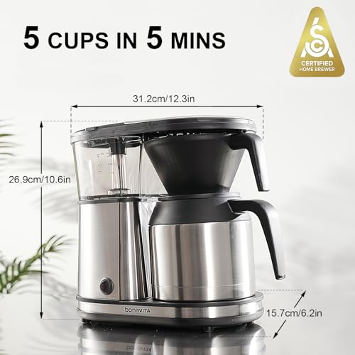 Bonavita 5 Cup Drip Coffee Maker Machine, One-Touch Pour Over, Auto Pause Brewing with Stainless Steel Double Wall Thermal Carafe, SCA Certified, Dishwasher Safe, BV1500TS - My Kitchen Products