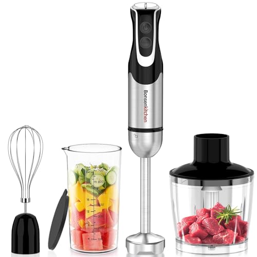 Bonsenkitchen 4-in-1 Immersion Blender Handheld with Food Processor, 12 Speeds Hand Blender with Turbo Mode, Stainless Steel Blade, Egg Whisk, Beaker & Chopper Bowl, Stick Mixer for Smoothie, Puree - My Kitchen Products