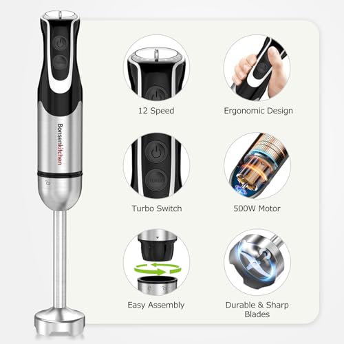 Bonsenkitchen 4-in-1 Immersion Blender Handheld with Food Processor, 12 Speeds Hand Blender with Turbo Mode, Stainless Steel Blade, Egg Whisk, Beaker & Chopper Bowl, Stick Mixer for Smoothie, Puree - My Kitchen Products