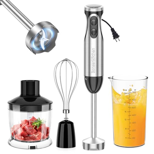 Bonsenkitchen Immersion Blender Handheld with Food Processor, 20 Speeds Hand Blender with Turbo Mode, Stainless Steel Blade, Egg Whisk, Beaker & Chopper Bowl, Hand Mixer for Smoothie, Soup, Baby Food - My Kitchen Products