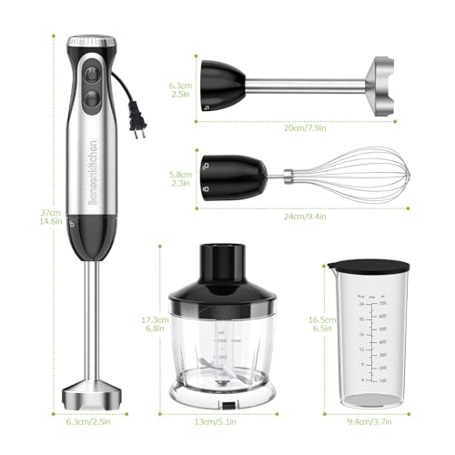 Bonsenkitchen Immersion Blender Handheld with Food Processor, 20 Speeds Hand Blender with Turbo Mode, Stainless Steel Blade, Egg Whisk, Beaker & Chopper Bowl, Hand Mixer for Smoothie, Soup, Baby Food - My Kitchen Products