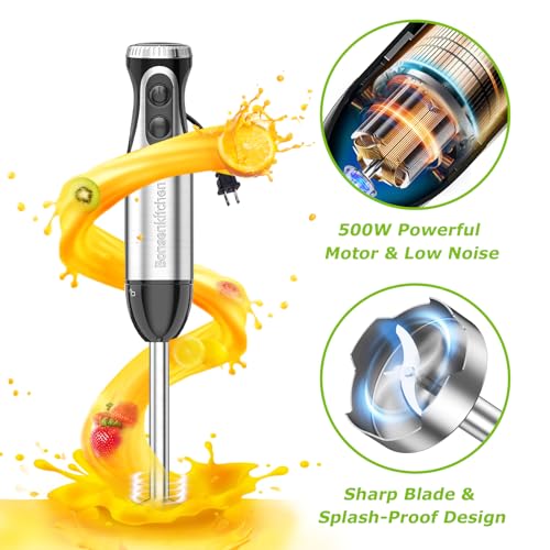 Bonsenkitchen Immersion Blender Handheld with Food Processor, 20 Speeds Hand Blender with Turbo Mode, Stainless Steel Blade, Egg Whisk, Beaker & Chopper Bowl, Hand Mixer for Smoothie, Soup, Baby Food - My Kitchen Products