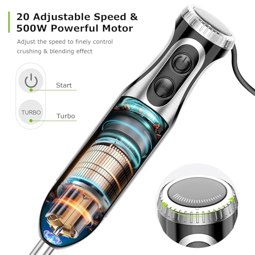 Bonsenkitchen Immersion Blender Handheld with Food Processor, 20 Speeds Hand Blender with Turbo Mode, Stainless Steel Blade, Egg Whisk, Beaker & Chopper Bowl, Hand Mixer for Smoothie, Soup, Baby Food - My Kitchen Products