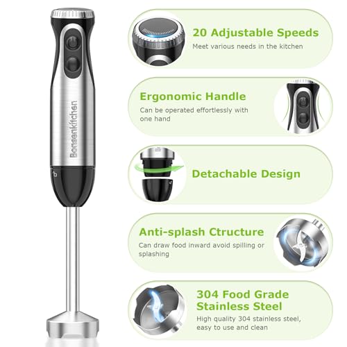 Bonsenkitchen Immersion Handheld Blender with Whisk, 20-Speed & Turbo Mode Hand Blender Stick 500W, 304 Stainless Steel Hand Blender for Soup, Smoothie, Puree, Baby Food - My Kitchen Products