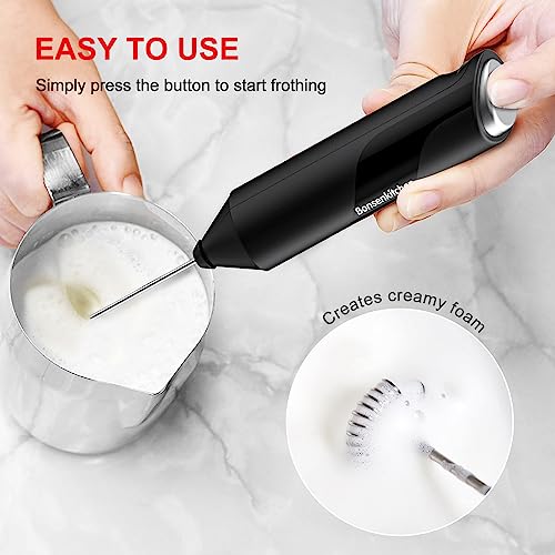 Bonsenkitchen Powerful Milk Frother for Coffee, Fast Handheld Drink Mixer with Stainless Steel Whisk, Battery Operated Hand Frother Stirrer Wand-Black - My Kitchen Products
