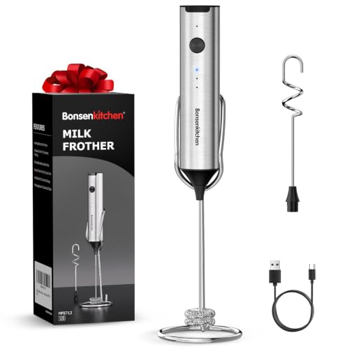 Bonsenkitchen Rechargeable Milk Frother with Stand, 3-Speed Handheld Coffee Frother, Dual Spring Whisk Electric Hand Frother Wand Drink Mixer for Lattes Cappuccino Protein, Kitchen Gifts - My Kitchen Products