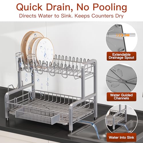 BOOSINY 2 Tier Dish Drainer Drying Rack for Kitchen Counter, Large Stainless Steel Dish Dryer with Drainboard, Big Rustproof Metal Space Saving Countertop Plate Strainer with Utensil Holder, Sliver - My Kitchen Products
