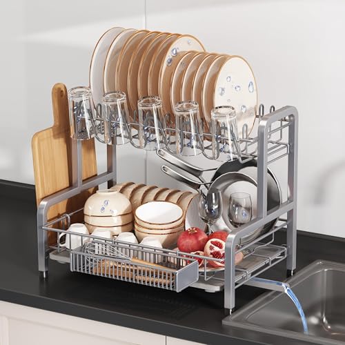 BOOSINY 2 Tier Dish Drainer Drying Rack for Kitchen Counter, Large Stainless Steel Dish Dryer with Drainboard, Big Rustproof Metal Space Saving Countertop Plate Strainer with Utensil Holder, Sliver - My Kitchen Products
