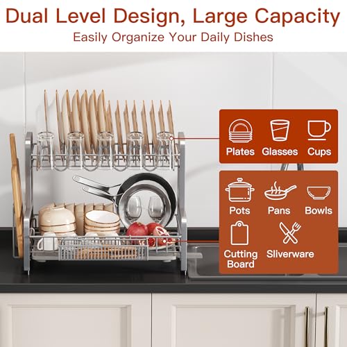 BOOSINY 2 Tier Dish Drainer Drying Rack for Kitchen Counter, Large Stainless Steel Dish Dryer with Drainboard, Big Rustproof Metal Space Saving Countertop Plate Strainer with Utensil Holder, Sliver - My Kitchen Products