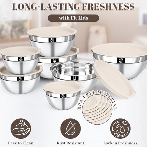 Boskermeal Mixing Bowls with Lids Set - 7PCS Nesting Mixing Bowls, Lids, Stainless Steel Mixing Bowls for Mixing, Baking & Meal Prep, Dishwasher Safe, Size 0.7/1.1/1.5/2.1/3.5/4/4.5 QT, Khaki - My Kitchen Products