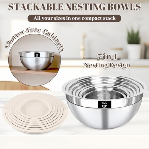 Boskermeal Mixing Bowls with Lids Set - 7PCS Nesting Mixing Bowls, Lids, Stainless Steel Mixing Bowls for Mixing, Baking & Meal Prep, Dishwasher Safe, Size 0.7/1.1/1.5/2.1/3.5/4/4.5 QT, Khaki - My Kitchen Products