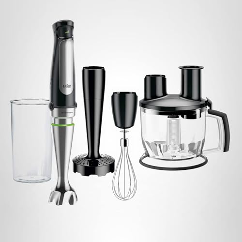 Braun 4-in-1 Immersion Hand Blender, Powerful 500W Stainless Steel Stick Blender, Variable Speed + 6-Cup Food Processor, Whisk, Beaker, Masher, Finer Blending, MultiQuick MQ7077 - My Kitchen Products