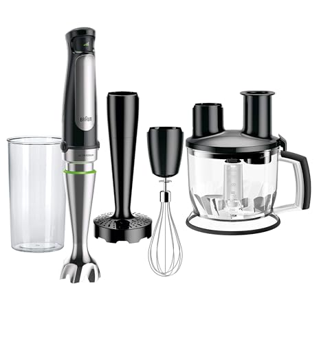 Braun 4-in-1 Immersion Hand Blender, Powerful 500W Stainless Steel Stick Blender, Variable Speed + 6-Cup Food Processor, Whisk, Beaker, Masher, Finer Blending, MultiQuick MQ7077 - My Kitchen Products