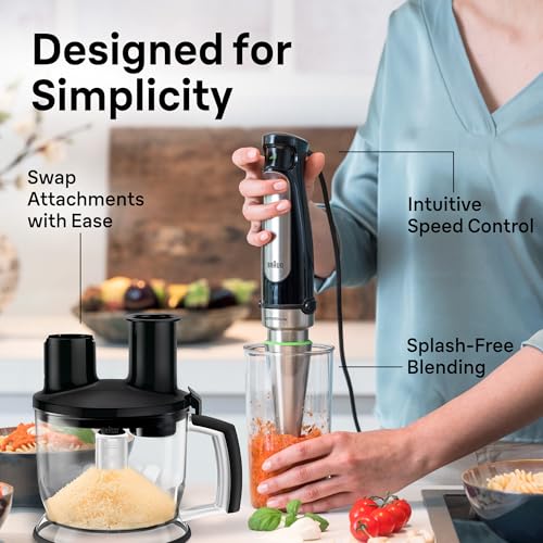 Braun 4-in-1 Immersion Hand Blender, Powerful 500W Stainless Steel Stick Blender, Variable Speed + 6-Cup Food Processor, Whisk, Beaker, Masher, Finer Blending, MultiQuick MQ7077 - My Kitchen Products