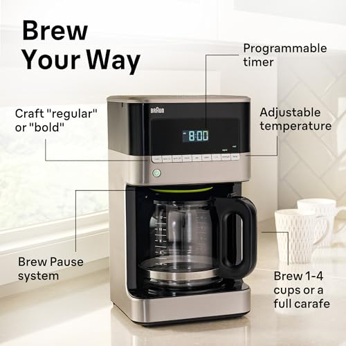 Braun BrewSense 12 Cup Drip Coffee Maker - Pause & Pour Mid Brew, Coffee Machine with 24-Hour Timer & Clock, Bold & Regular Strength, 1-4 Cup Functions, Self Clean, Auto Shutoff, Stainless Steel - My Kitchen Products