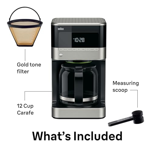Braun BrewSense 12 Cup Drip Coffee Maker - Pause & Pour Mid Brew, Coffee Machine with 24-Hour Timer & Clock, Bold & Regular Strength, 1-4 Cup Functions, Self Clean, Auto Shutoff, Stainless Steel - My Kitchen Products