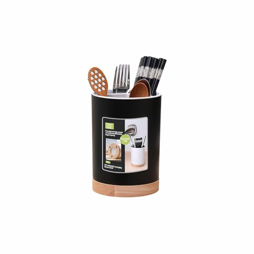 BUBBLE-FLY Modern Kitchen Utensil Holder with Drainage, Black and Wood